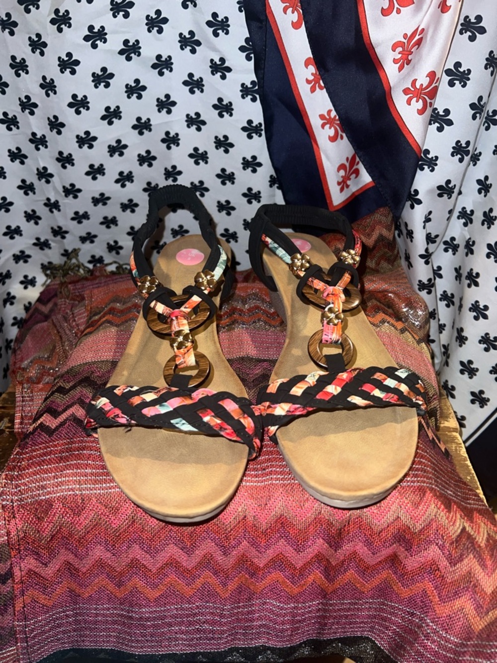 Women's Black Braided T-Strap Sandals with Coral Accent